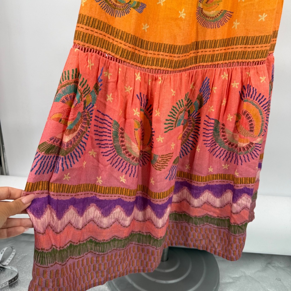 Farm Rio Yellow Ombre Bird Print Metallic Lurex Maxi Dress Womens Medium Boho - Picture 9 of 16